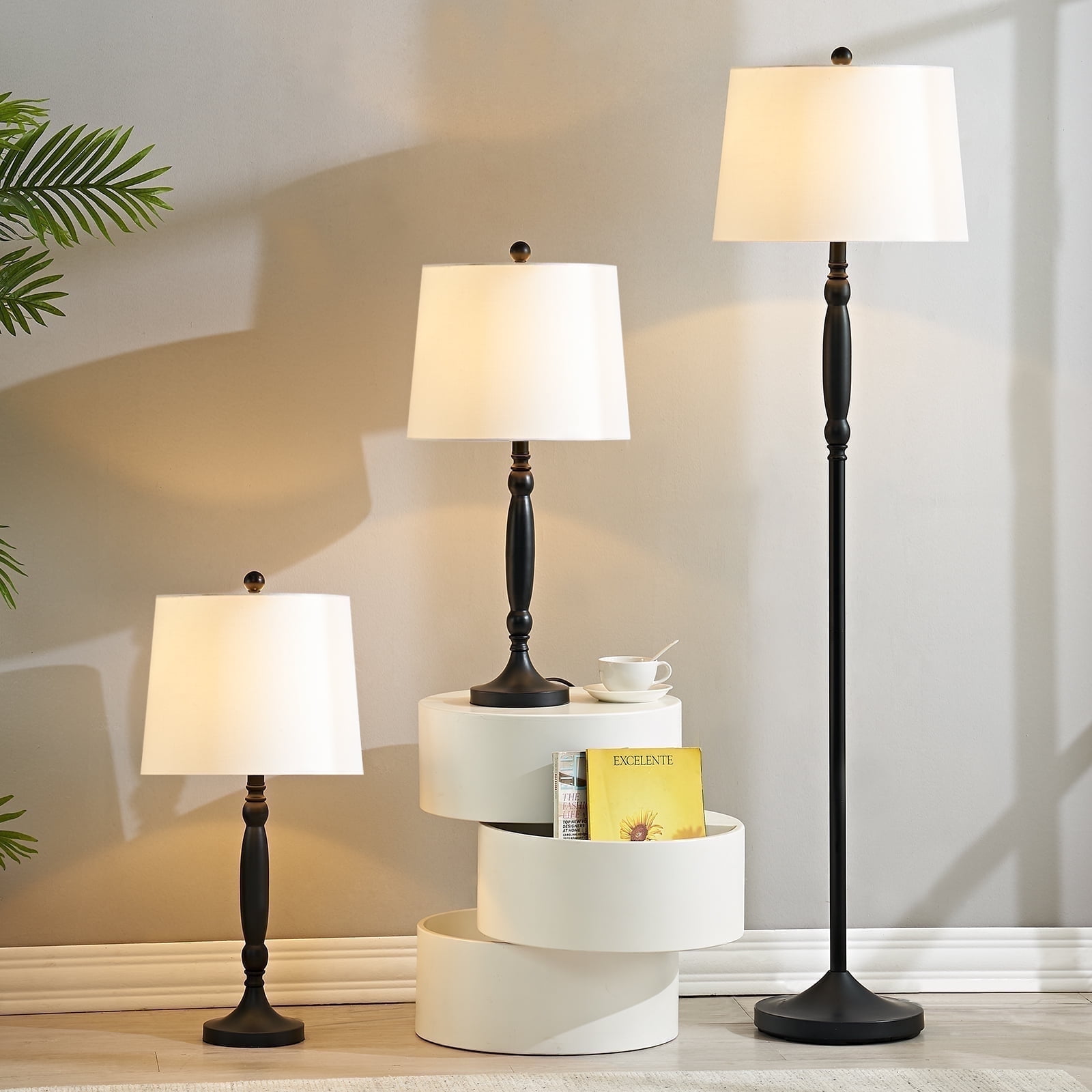 Maxax 3-Piece Table and Floor Lamp Set, Black Metal with White Linen Shades