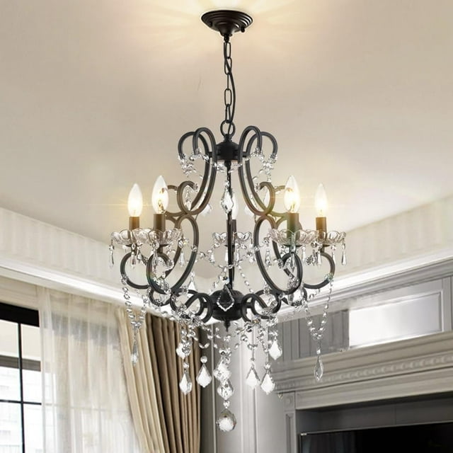 Maxax 5 Lights K9 Crystal Chandelier, Modern Raindrop Candelabra Pendant Lamp, Candle Ceiling Hanging Lighting Fixture, for Dining Room, Living Room, Black