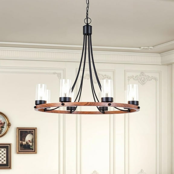 Maxax 5 Lights Wagon Wheel Chandelier, Rustic Farmhouse Ceiling Light, Round Wood Kitchen Island Adjustable Hanging Lighting, E12 Base, Clear Glass, for Dinning Room, Living Room, Wooden