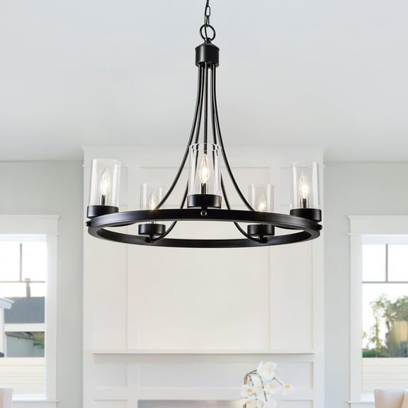 Maxax 5 Lights Wagon Wheel Chandelier, Rustic Farmhouse Clear Glass Ceiling Light, Round Kitchen Island Adjustable Hanging Lighting, E12 Base, for Dinning Room, Living Room, Black