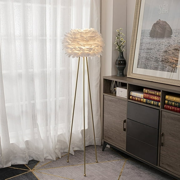 Maxax 60" Feather Floor Lamp, Elegant Gold Tripod Standing Lamp with White Feather Shade for Bedroom, Living Room, Dining Room, and Kitchen