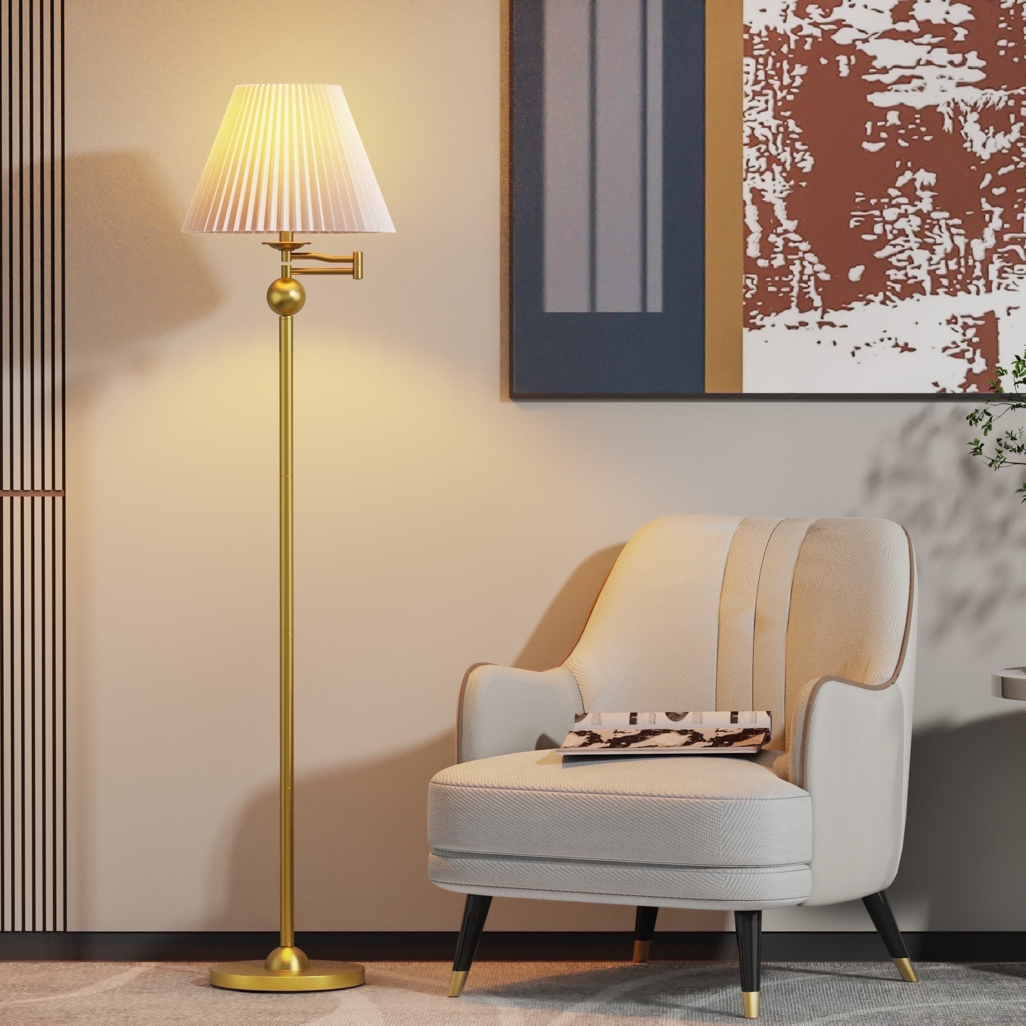 Maxax 64" Traditional Swing Arm Floor Lamp , Gold Antique adjustable Dirction Standing Lamp with Pleated White Fabric Shade for Living Room Reading House Bedroom