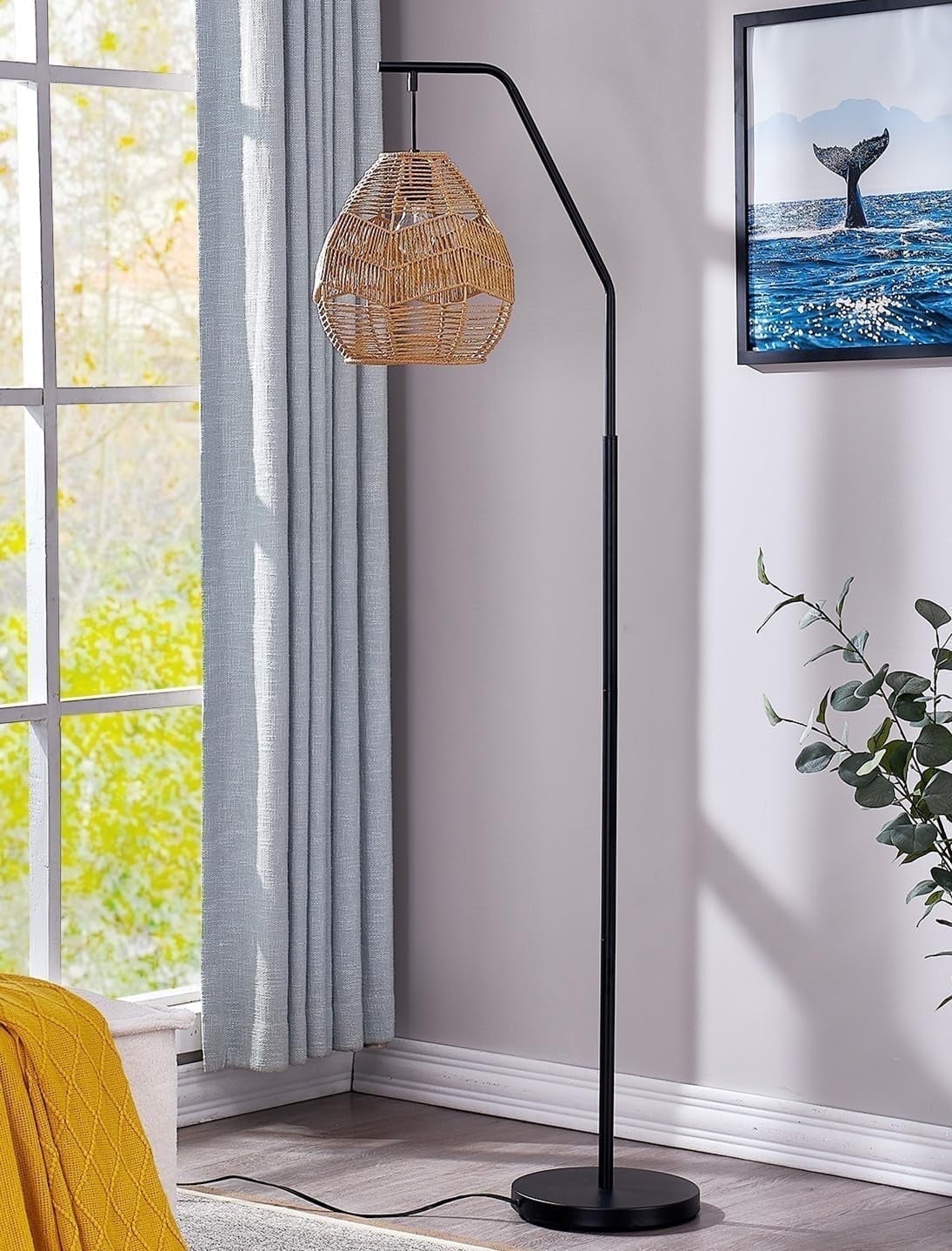 Maxax 65" Boho Black Arc Floor Lamp with Natural Woven Rattan Shade for Living Room Bedroom