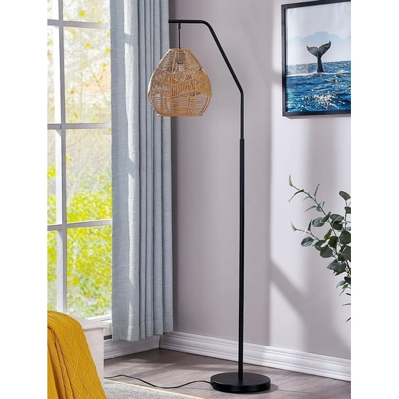Maxax 65" Boho Black Arc Floor Lamp with Natural Woven Rattan Shade for Living Room Bedroom