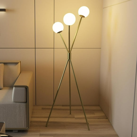 Maxax 65 Brass Gold Tripod Floor Lamp for Living Room, 3 Lights Globe Mid Century Floor Lamp Modern Reading Standing Lamp with White Glass Globe Shade for Bedrooms Office