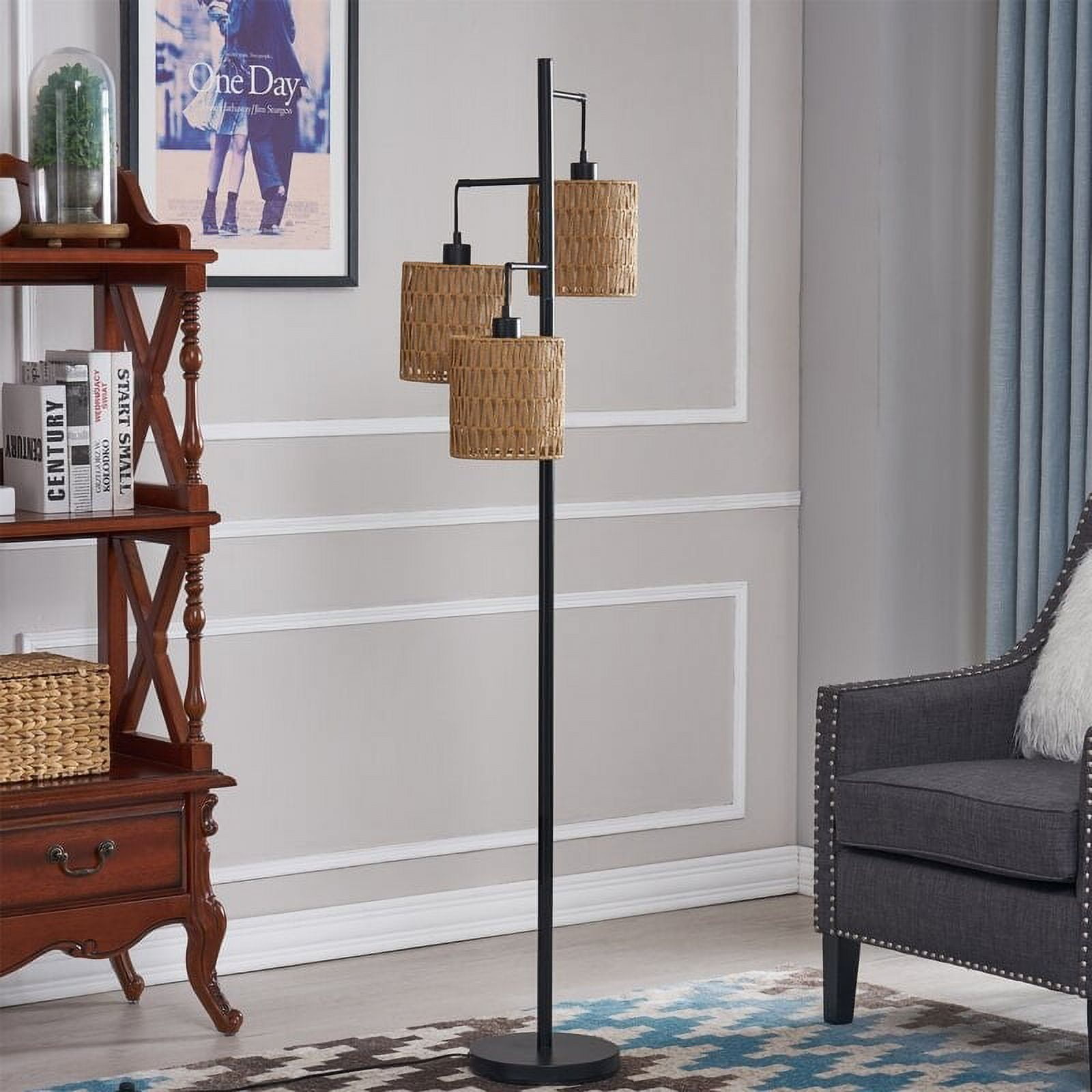 Maxax 65" Black Metal Floor Lamp with Rattan Shades