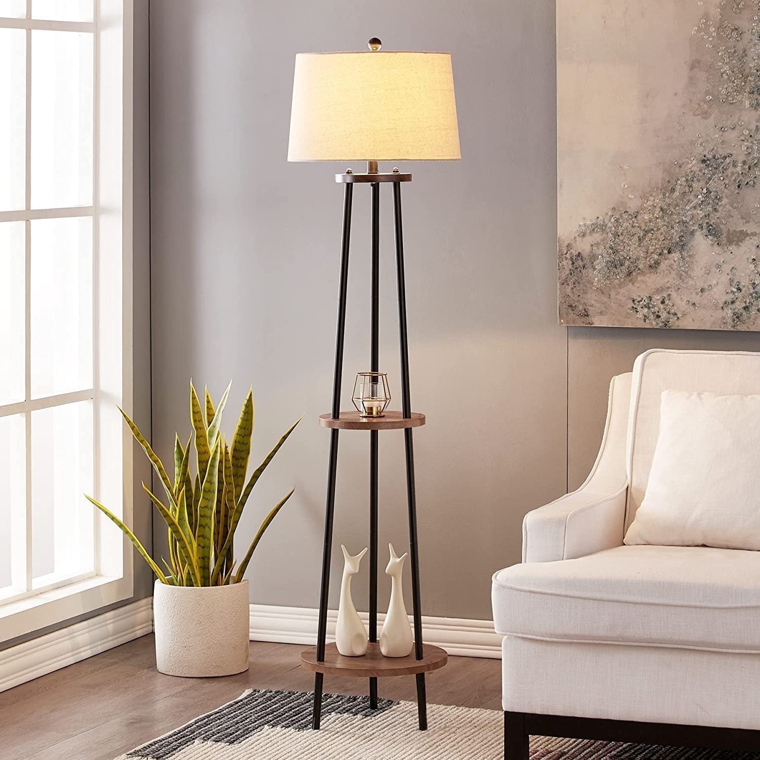 Maxax 65" Tripod Floor Lamp with Shelf, 3-Way Dimmable Standing Lamp with Oatmeal Fabric Shade for Living Room, Bedroom, Office