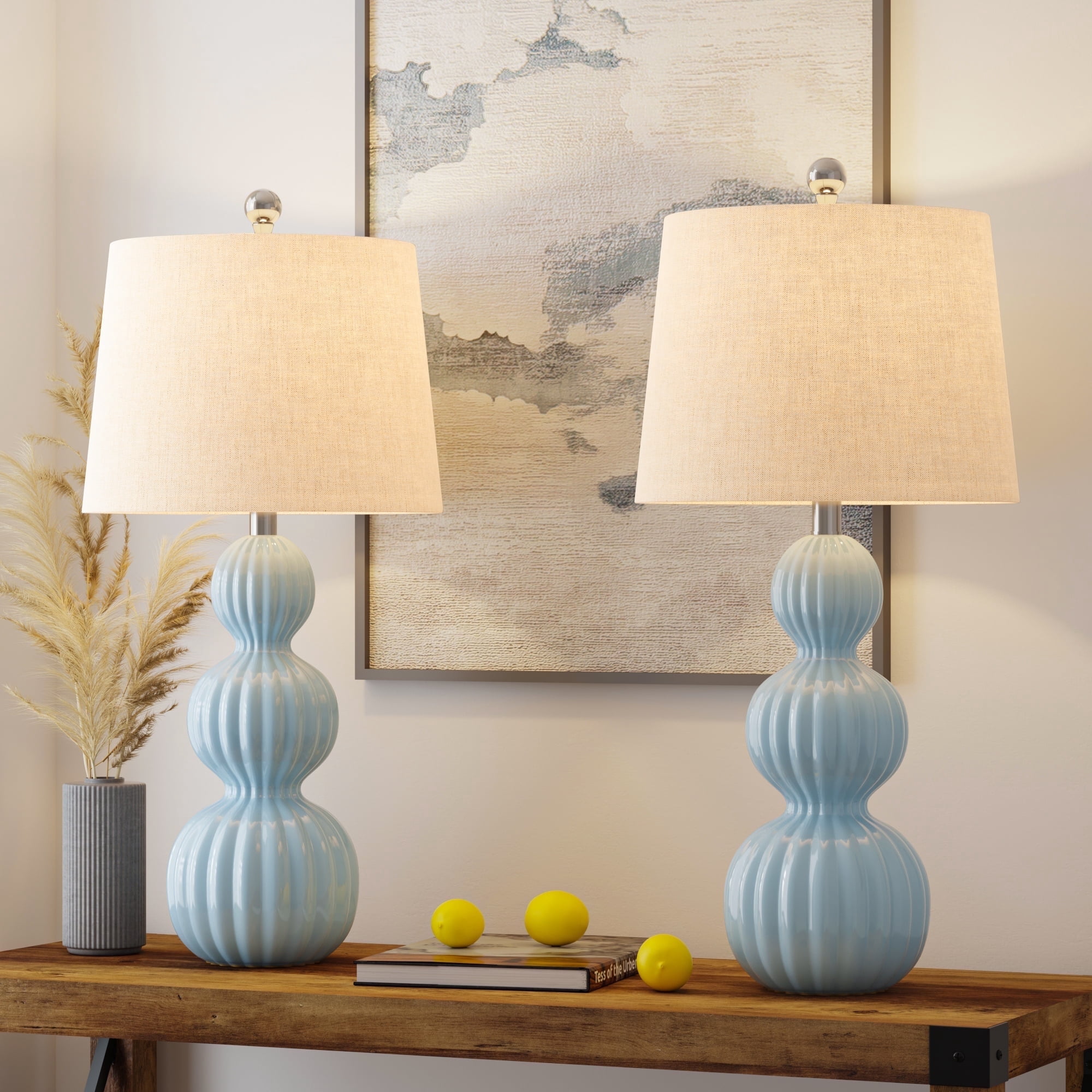 Maxax Blue Ceramic Table Lamps Set of 2, 28-Inch Triple Gourd Design with White Shade for Living Room, Bedroom, Office