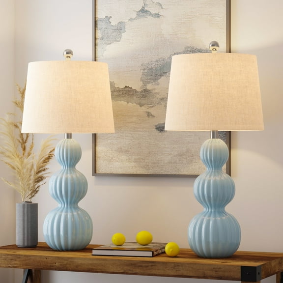 Maxax Blue Ceramic Table Lamps Set of 2, 28-Inch Triple Gourd Design with White Shade for Living Room, Bedroom, Office
