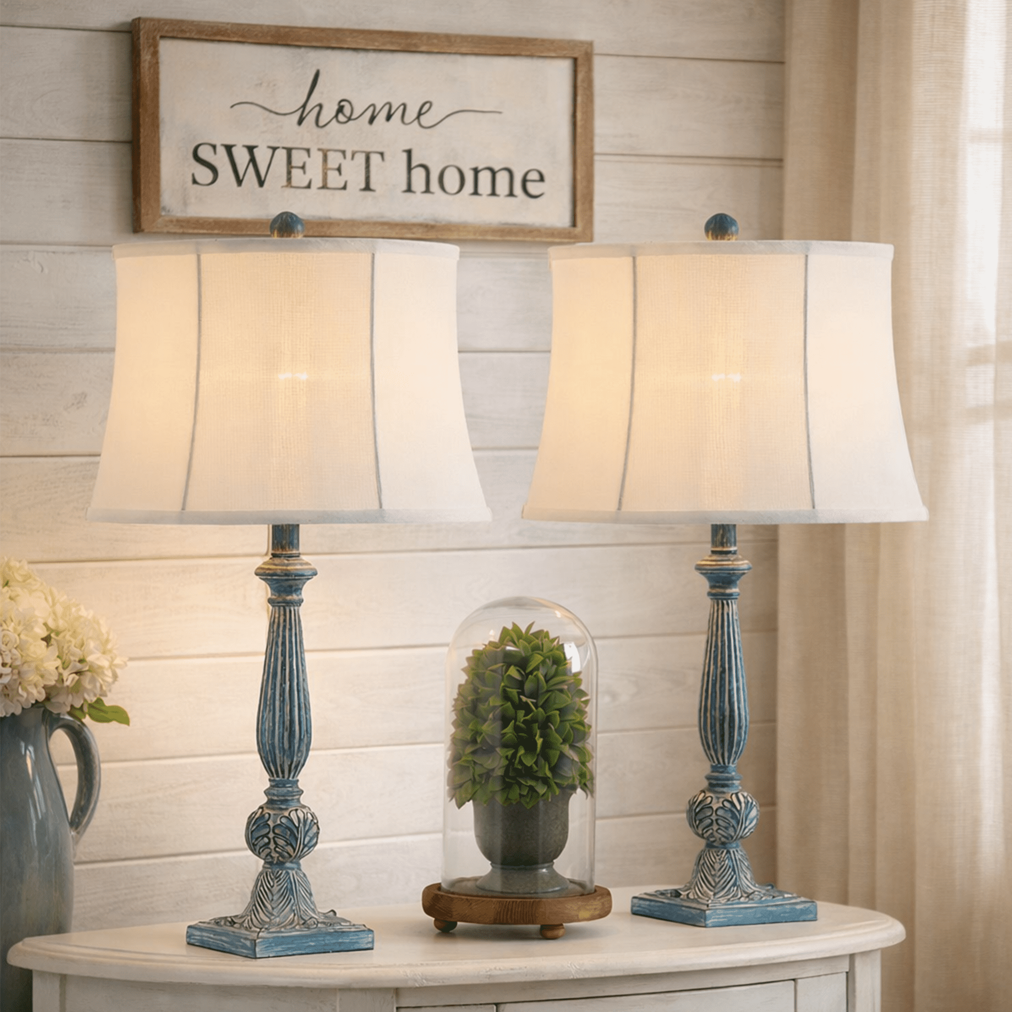 Maxax Blue Resin Table Lamps Set of 2，3-Way Dimmable 28" Traditiona Bedside Nightstand Lamps with White Bell Fabric Shade for Living Room Bedroom Office