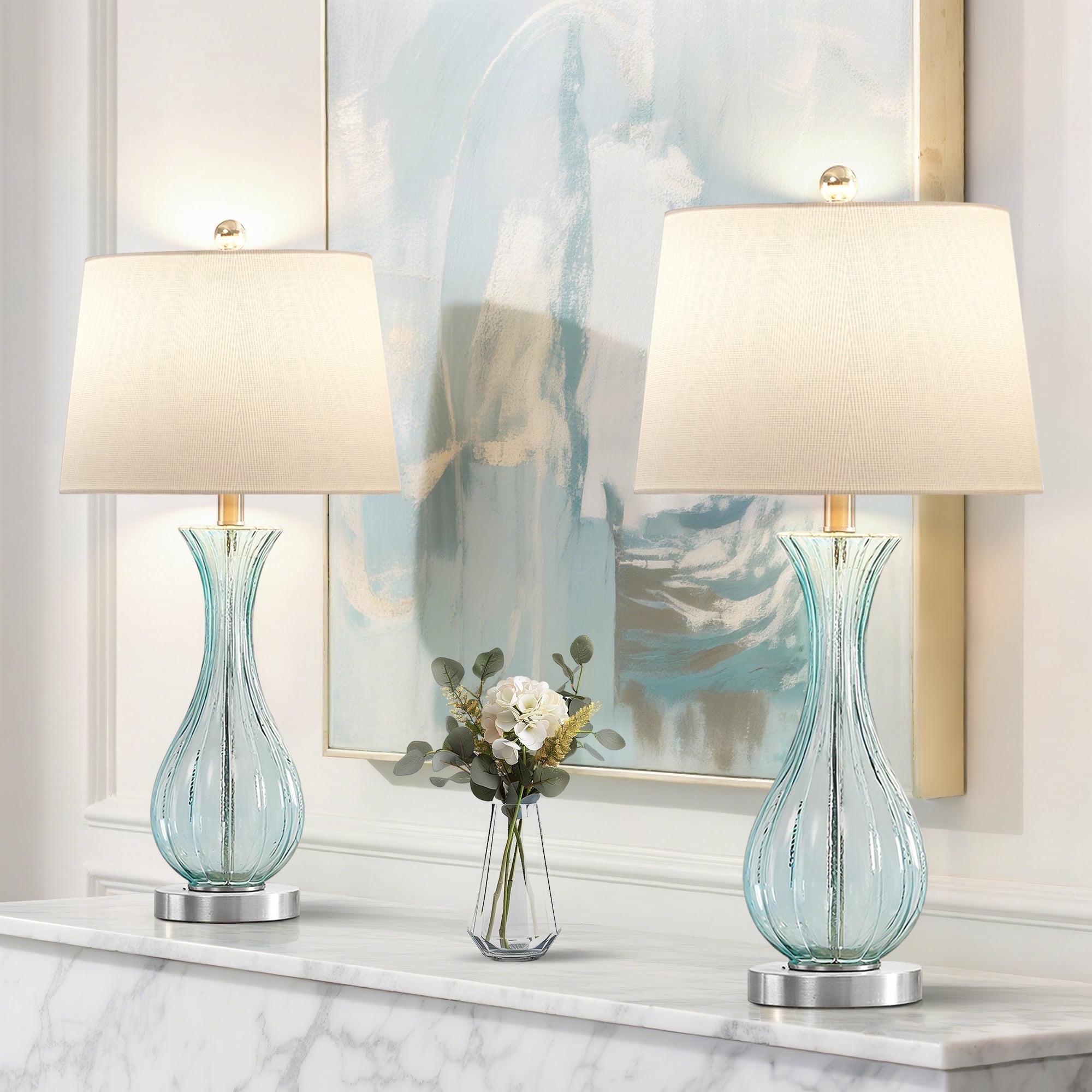 Maxax Nautical Coastal Glass Table Lamps, Pair of 2, 25.5" Blue Droplet Design with White Shade