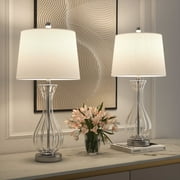 Maxax Coastal Glass Table Lamps Set of 2，Modern 25.5" Clear Glass Bedside Lamps with White Shade for Bedroom Living Room