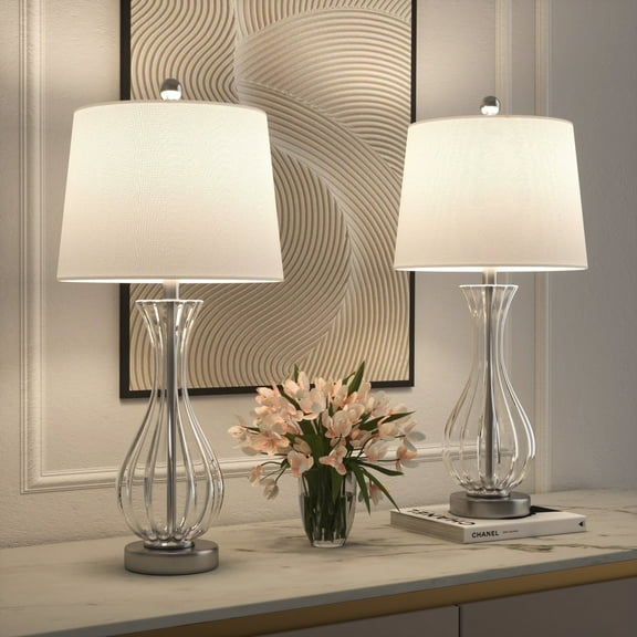 Maxax Coastal Glass Table Lamps Set of 2, Modern 25.5" Clear Glass Bedside Lamps with White Shade for Bedroom Living Room