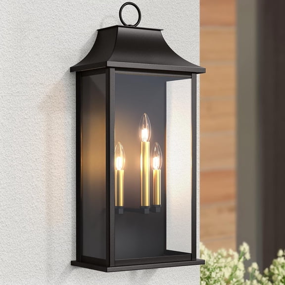 Lawyettle 3-Light 25" Outdoor Wall Lantern with Dusk to Dawn Sensor, Black Exterior Light with Glass for Porch, Patio, Entryway & House