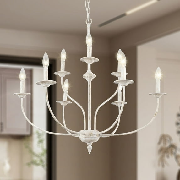Maxax French Country Chandelier, 2-Tier 9-Light Farmhouse Antique White Chandelier, 31 Inch Rustic Candle Pendant Light Fixtures for Dining Room, Living Room, Kitchen