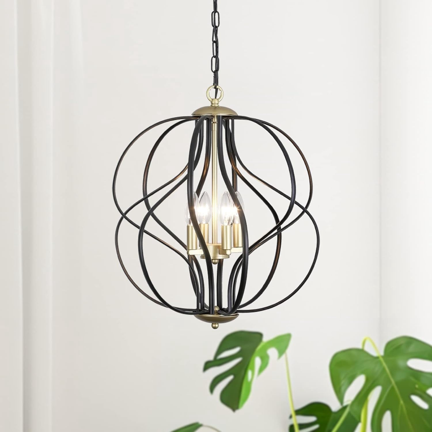 Maxax 17.3" Modern Cage Chandelier, 4 Lights Globe Plug in Chandelier, Adjustable Sphere Farmhouse Hanging Ceiling lamp, for Kitchen, Entryway, Dining Room, Living Room, Black and Gold