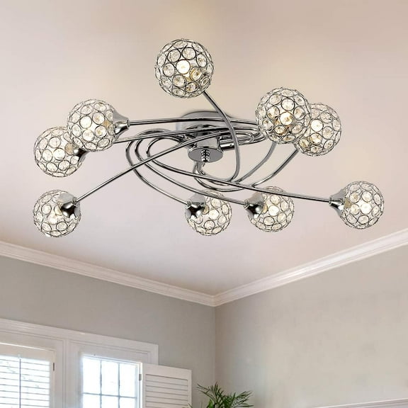 Maxax Modern Crystal Chrome Spherical Shade Ceiling Light, 27.56'' 9 Light Sputnik Ceiling Lamp, Semi Flush Mount Chandelier for Living Room, Dining Room, Bedroom, Hallway
