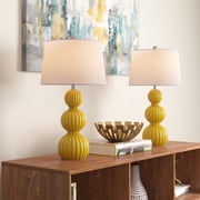 Maxax Modern Set of 2 Table Lamps, 27.8 Tall Triple Gourd Ceramic Bedside Lamps, 3-Way Dimmable Yellow Nightstand Lamp with White Drum Shade for Bedroom, Living Room, Office