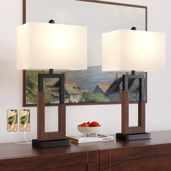 Maxax Metal Table Lamp Set of 2 with USB & Type-C Port, 3-Way Dimmable Metal Bedside Lamps, 30" Tall Black & Brown Nightstand Lamps for Bedrooim Living Room