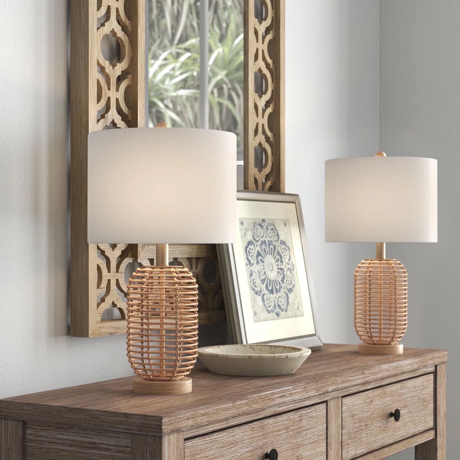 Maxax Natural Rattan Table Lamps Set of 2, Coastal Bedside Lamps 21'' Tall Brown Nightstand Lamps with White Fabric Shade for Bedroom, Living Room