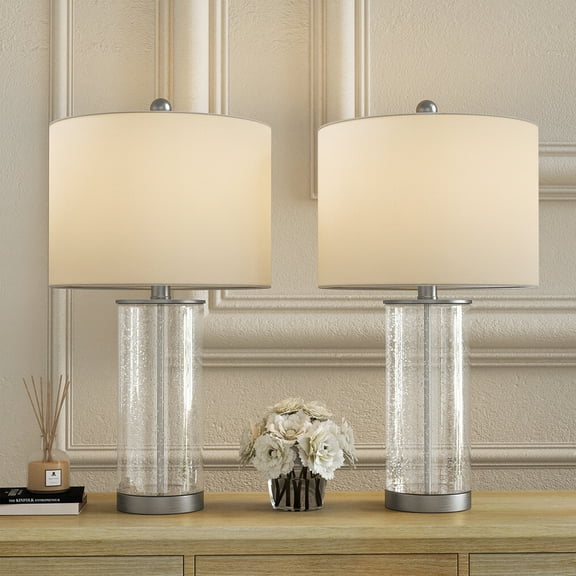Maxax Set of 2 Glass Table Lamps, 3 Way Dimmable Clear Bubble Glass Bedside Nightstand Lamps with White Fabric Shade for Living Room Bedroom - 23.25 Inches, Nickel