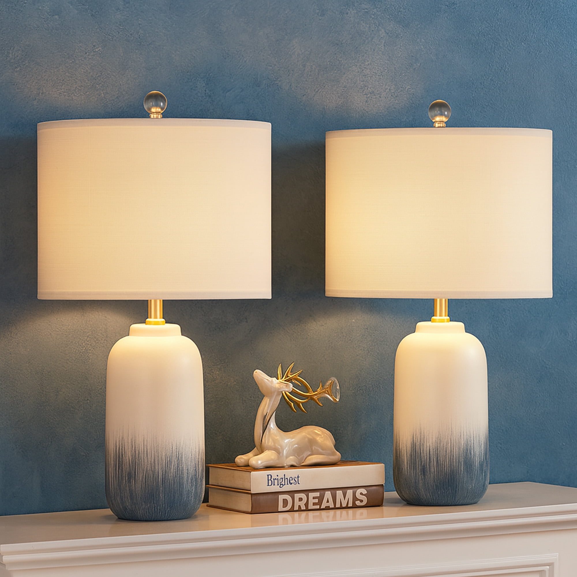 Maxax Blue Ceramic Table Lamps Set of 2, 24" 3-Way Dimmable Bedside Lamps for Bedroom & Living Room