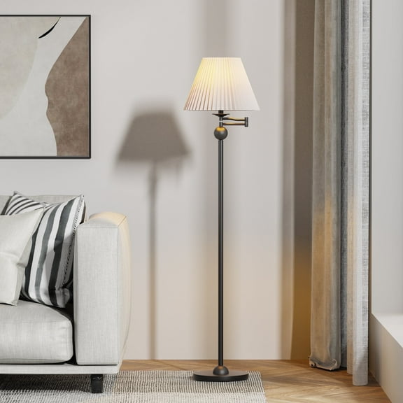 Maxax Traditional Swing Arm Floor Lamp64" Black Antique Standing Lamp with Adjustable Direction Pleated White Fabric Shade for Living Room Reading House Bedroom