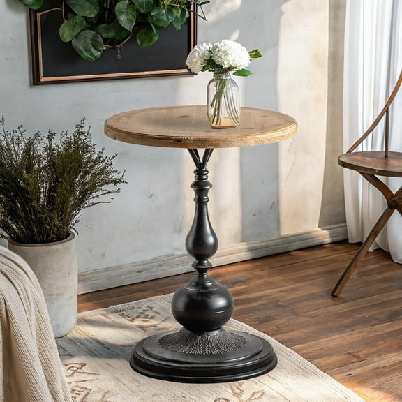 YUIlili Vintage Round End Table Living Room, Rusitc Side Table, Farmhouse Pedestal Table for Bedroom, Retro Wood Accent Tables for Home Decor, Patio Black