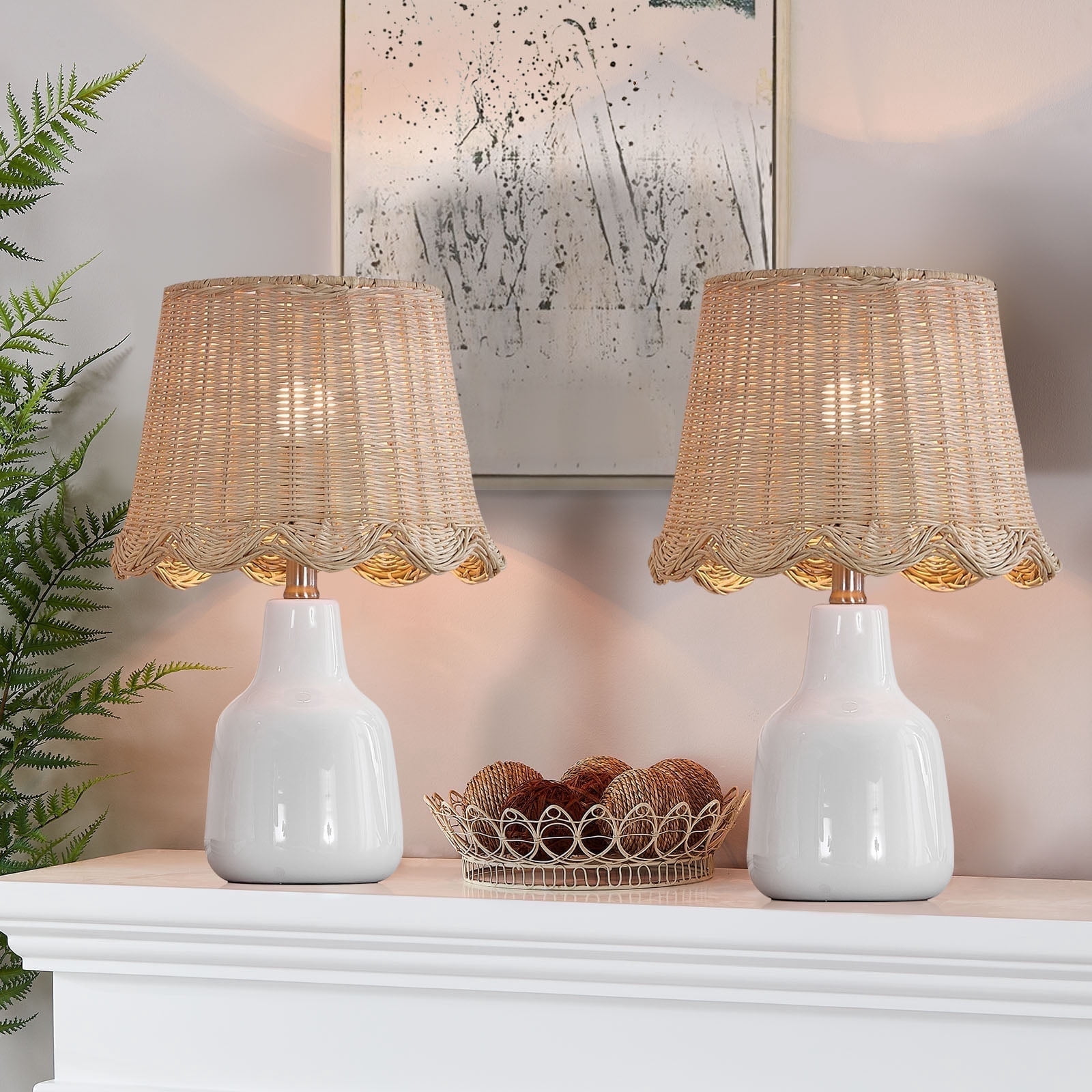 Maxax White Ceramic Table Lamps Set of 2, Farmhouse 16.5" Bedside Lamps with Rattan Shades for Living Room, Bedroom, End Table, Office
