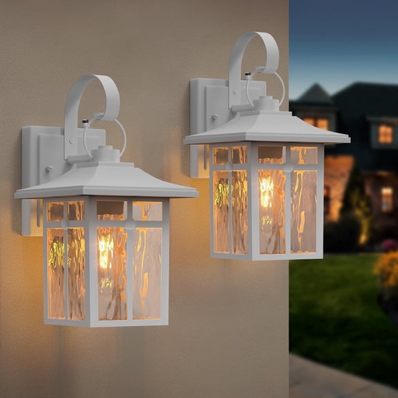 Maxax White Outdoor Wall Lights with Dusk to Dawn Sensor, 2-Pack Modern Porch Light Fixtures with Ripple Glass, Exterior Wall Sconces for Garage, Patio, and Entryway