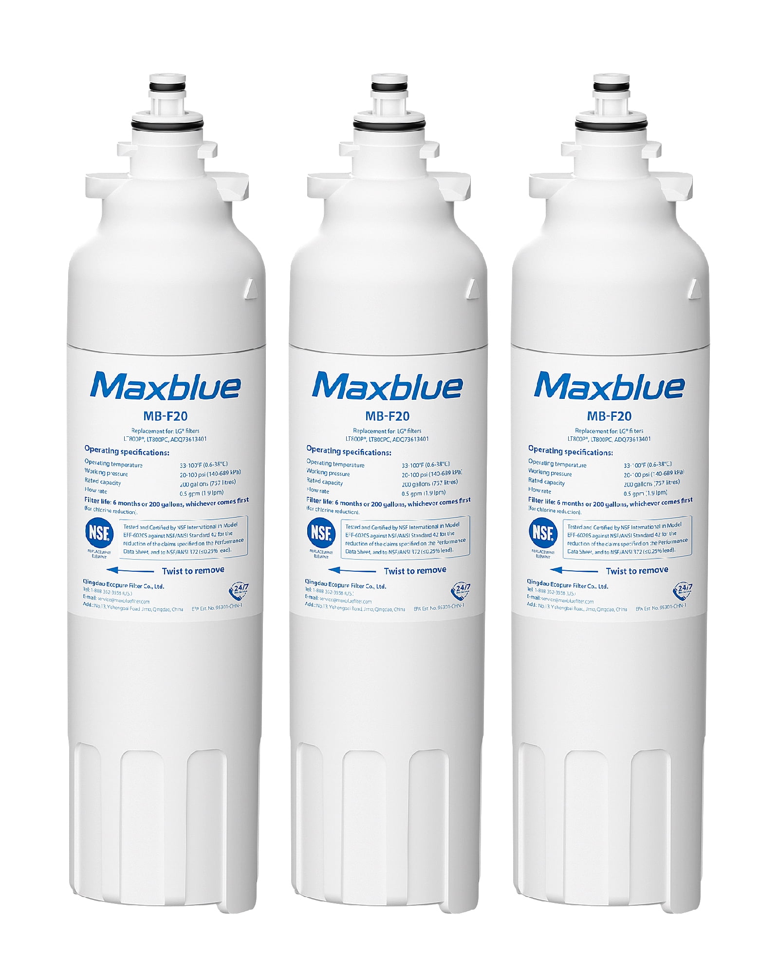 Maxblue ADQ73613401 Refrigerator Water Filter, Replacement for LG® LT800P®, ADQ73613402, ADQ73613408, ADQ75795104, Kenmore 9490, LSXS26326S, LMXC23746S, WF-LT800P, 469490, LMXC23746D, Pack of 3