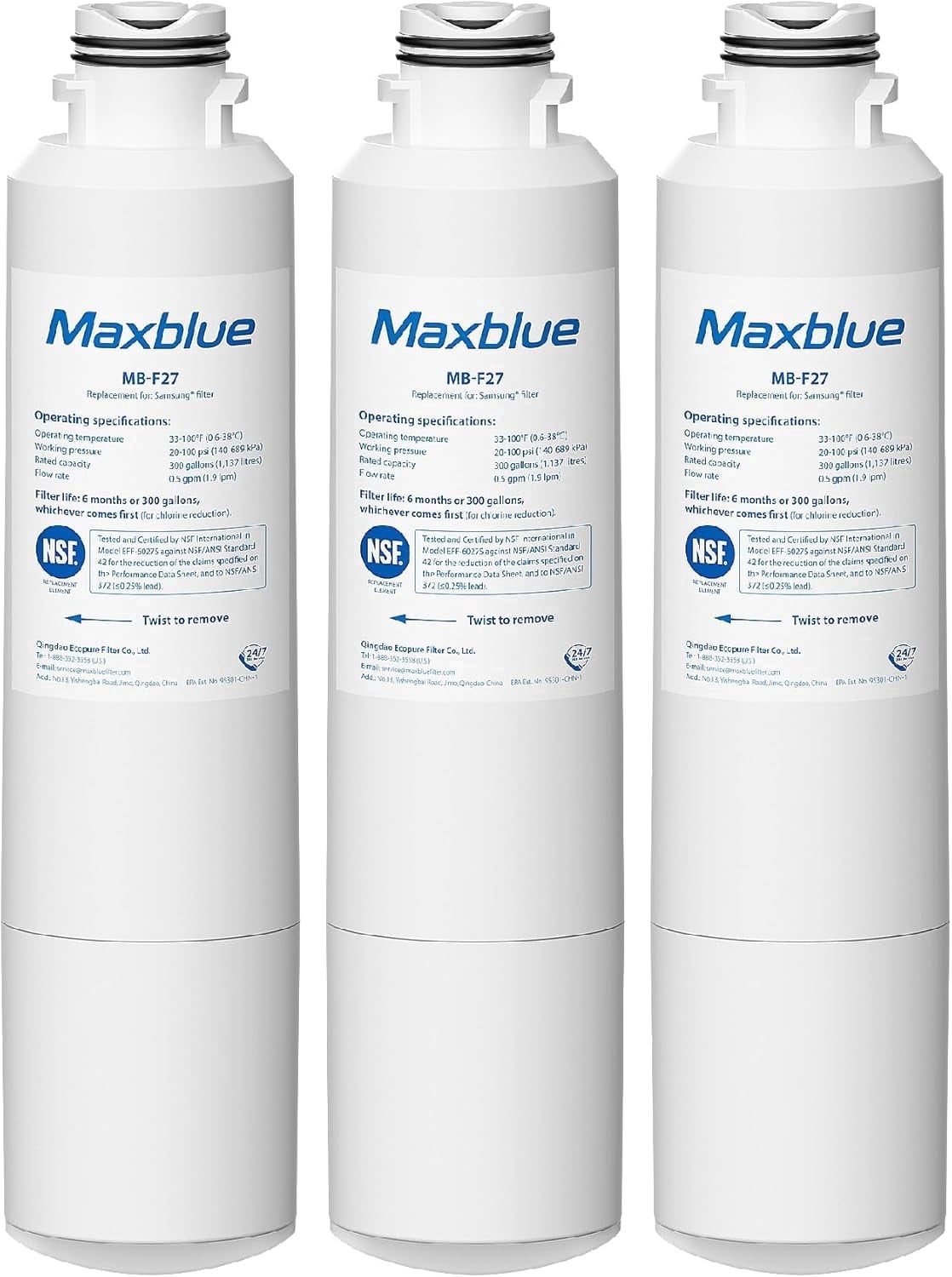 Maxblue F27 Refrigerator Water Filter Replacement for Samsung® DA29-00020B,HAF-CIN/EXP, HAF-CIN, RF28HMEDBSR/AA, RF28K9380SR, RF263BEAESR/AA, RF28JBEDBSG, RF4287HARS, DA97-08006A, 3 PACK