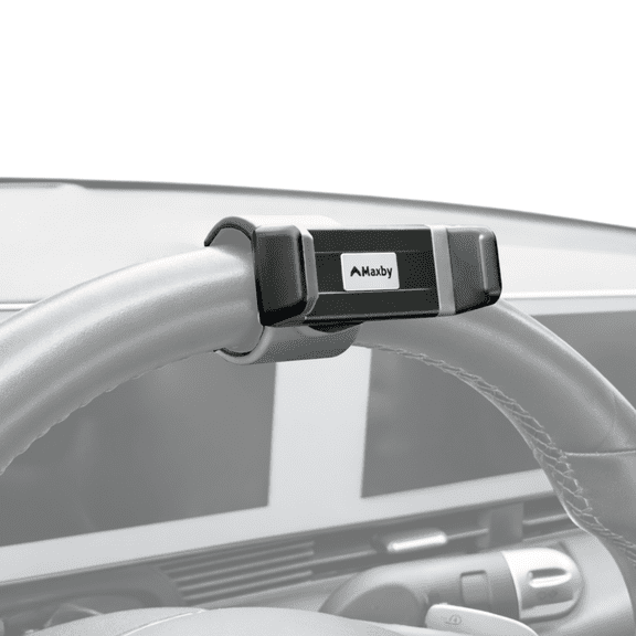 Maxby Steering Wheel Phone Holder Mount for Parked Use, Universal Clamp Fits Most Phones, 360 Rotating Adjustable Bracket, Quick Attach Detach, Hands-Free Viewing for Waiting and Meals in the Car