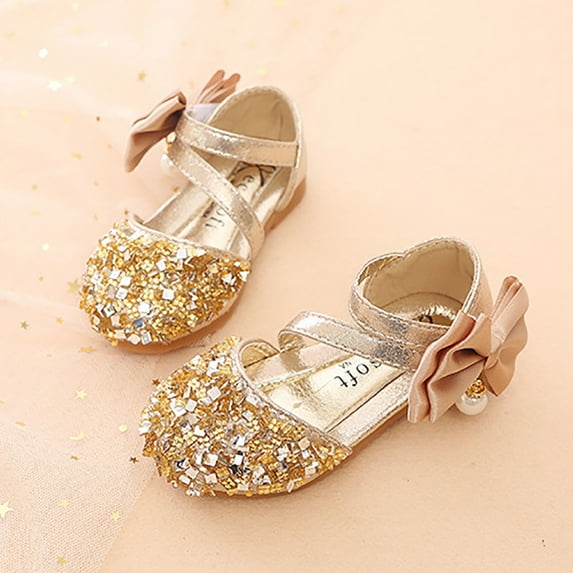 Maxcozy Girls Mary Jane Shoes Glittler Bow Dress Shoes Princess Sequins Low Heels Party Wedding Flower Girls Shoes Gold - 5.5 Toddler