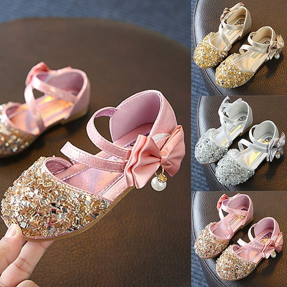 Maxcozy Girls Mary Jane Shoes Glittler Bow Dress Shoes Princess Sequins Low Heels Party Wedding Flower Girls Shoes Pink - 3.5 Big Kid