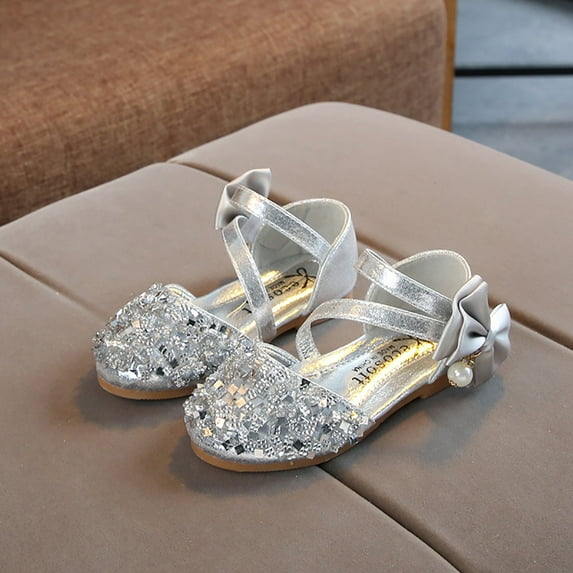 Maxcozy Girls Mary Jane Shoes Glittler Bow Dress Shoes Princess Sequins Low Heels Party Wedding Flower Girls Shoes Silver - 2 Little Kid