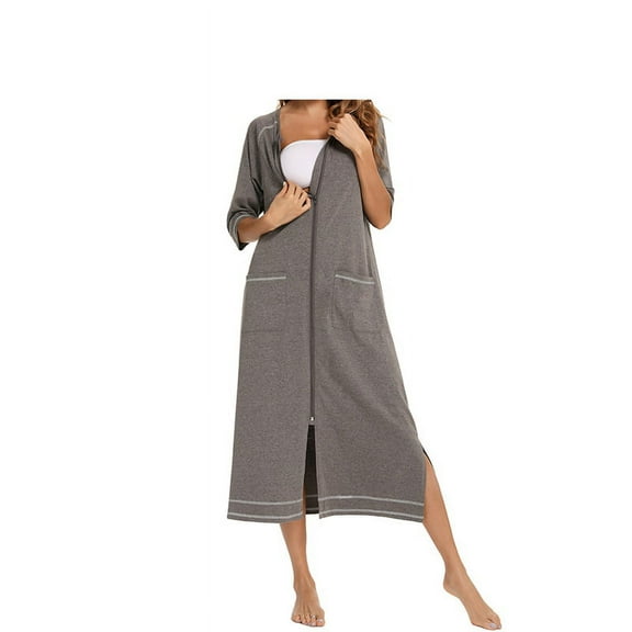 Maxcozy Maternity Nightgown Women Loose Round Neck Short Sleeved Zipper Pajamas Sleepwear with Pockets
