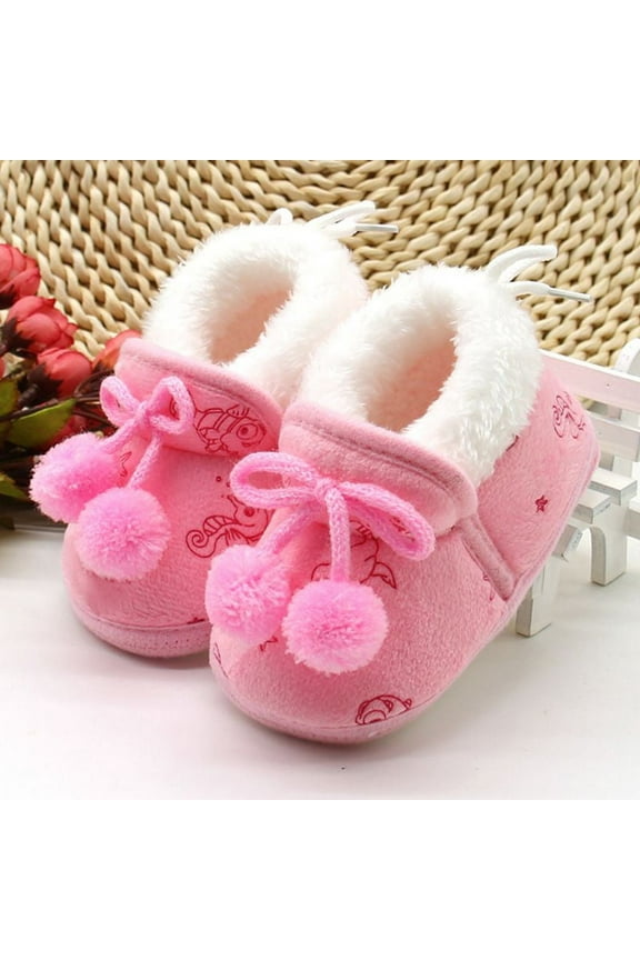 Newborn Baby Girl Warm Winter Slippers Snow Boots Toddler Soft Sole Anti-Slip Infant Prewalker Nursling Crib Shoes Pink 6-12 Months