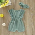 thumbnail image 1 of Maxcozy Newborn Infant Baby Girls Outfits Cotton Linen Rompers Solid Ruffle Jumpsuits + Headband Set Green 6-12 Months, 1 of 8