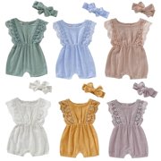 Maxcozy Newborn Infant Baby Girls Outfits Cotton Linen Rompers Solid Ruffle Jumpsuits + Headband Set Pink 0-3 Months