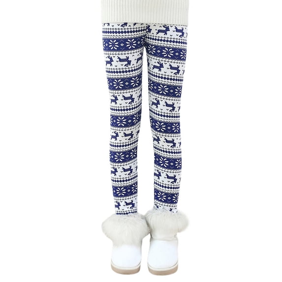 Maxcozy Printing Flower Kids Girls Leggings Winter Warm Fleece Classic Pants Blue 6-7 Years