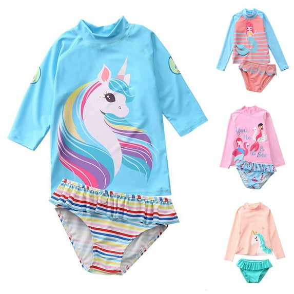 Maxcozy Toddler Little Girls 2-Piece Swimsuit Set Long Sleeve Rash Guard Bathing Suit 1-10 Years