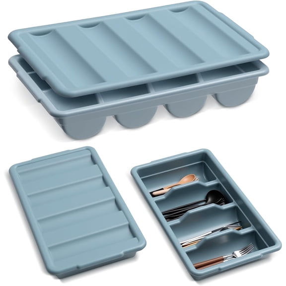 Maxdot 1 Pcs 20.5 x 11.9 x 3.7 Inch Silverware Organizer with Lid, Commercial 4-compartment Restaurant Kitchen Cutlery Tray, Plastic Silverware Storage Container, Condiments Holder (Grayish Blue)
