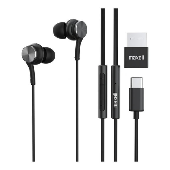 Maxell Fusion X USB-C Earbuds with Built-in Microphone, Black, 197299