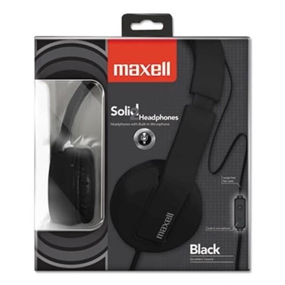 Maxell 290103 Comfort Fit Solids Headphones with Tangle-Free Flat Cable and In-Line Microphone - Black