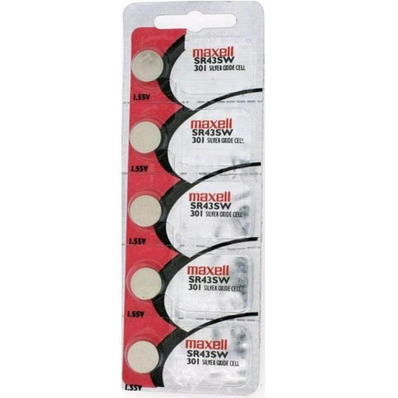 Maxell 301 / SR43SW 1.5V Button Battery, Watch Battery - 5 Pieces