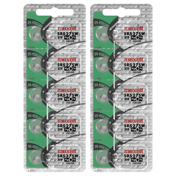 Maxell 319 SR527SW 1.55V Silver Oxide Watch Battery (10 Batteries)