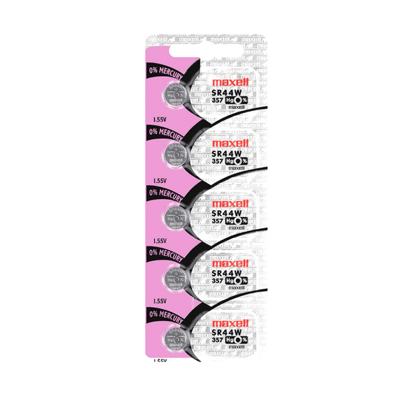 Maxell 357 SR44W 1.55V Silver Oxide Watch Battery (Pack of 5 Batteries)