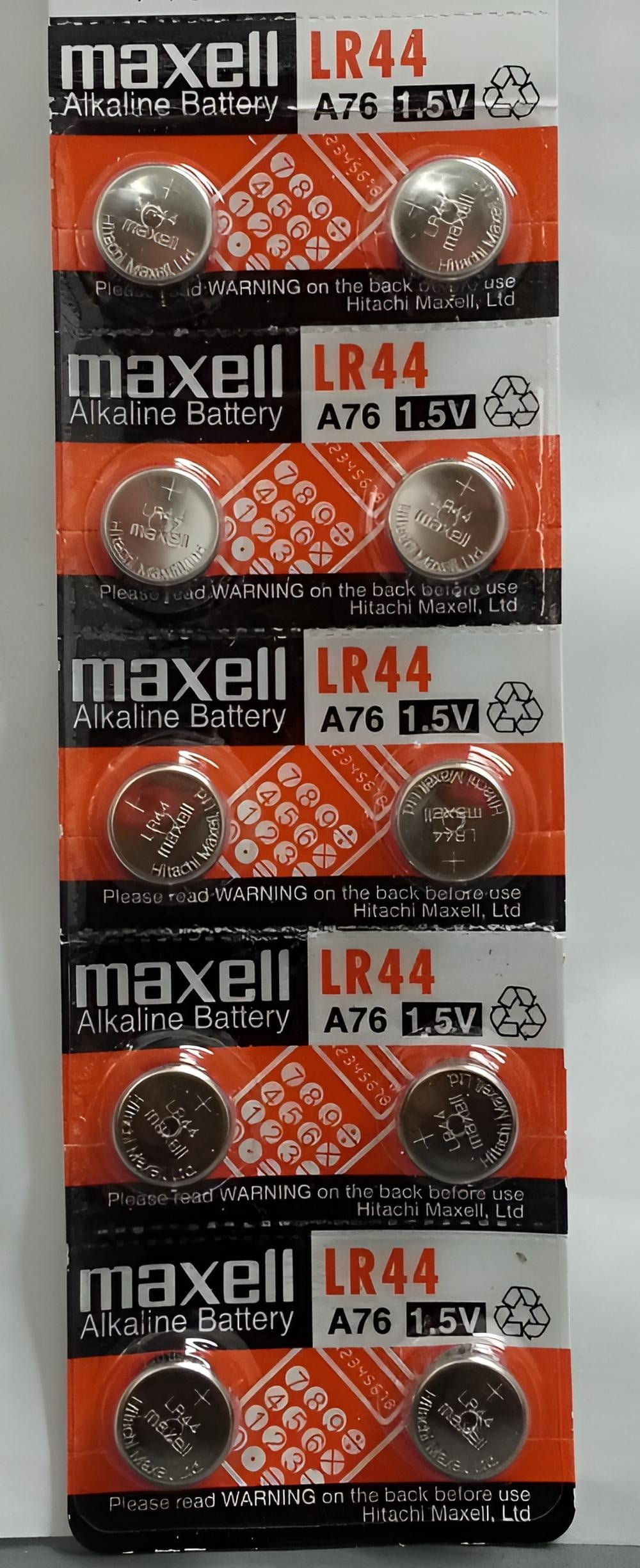 Maxell LR44 1.5V Alkaline Button Cell Batteries, 10 Pack, Long