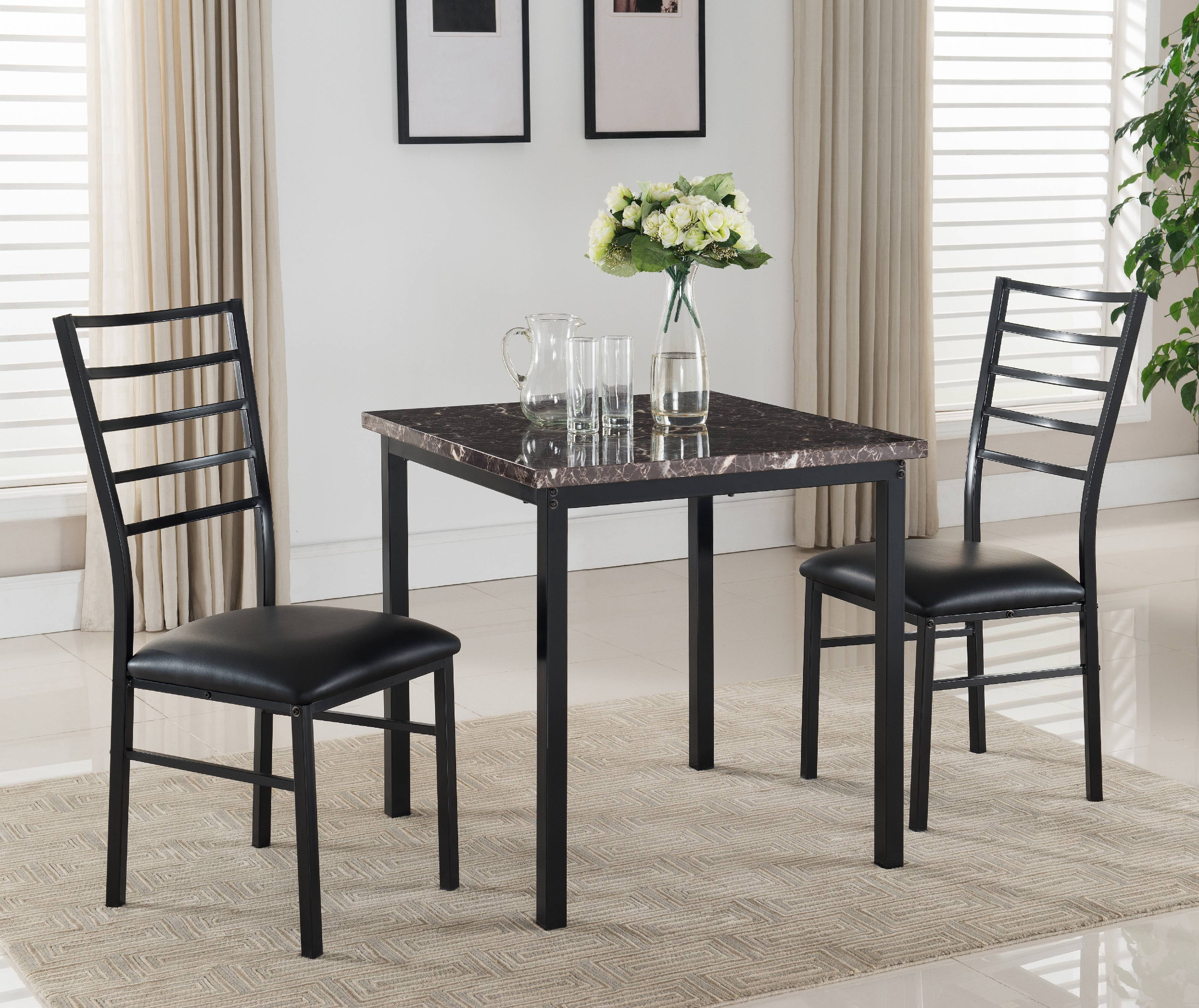 Maxen 3 Piece Kitchen Dining Set, Black Metal Frame & Faux Marble Top ...